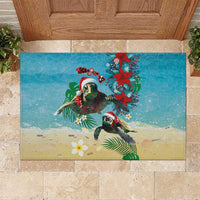 Hawaiian Mele Kalikimaka Rubber Doormat Tropical Xmas Turtles Red Poinsettia Watercolor - Polynesian Pride