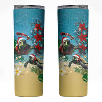 Hawaiian Mele Kalikimaka Skinny Tumbler Tropical Xmas Turtles Red Poinsettia Watercolor - Polynesian Pride