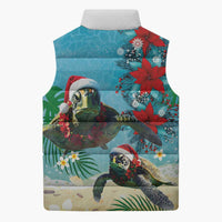 Hawaiian Mele Kalikimaka Sleeveless Puffer Jacket Tropical Xmas Turtles Red Poinsettia Watercolor - Polynesian Pride
