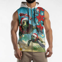 Hawaiian Mele Kalikimaka Sleeveless Zip Hoodie Tropical Xmas Turtles Red Poinsettia Watercolor - Polynesian Pride