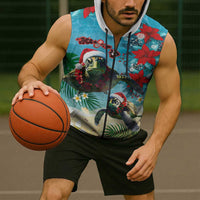 Hawaiian Mele Kalikimaka Sleeveless Zip Hoodie Tropical Xmas Turtles Red Poinsettia Watercolor - Polynesian Pride