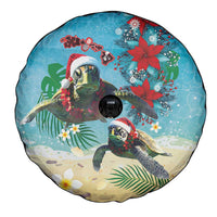 Hawaiian Mele Kalikimaka Spare Tire Cover Tropical Xmas Turtles Red Poinsettia Watercolor - Polynesian Pride