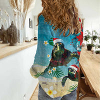 Hawaiian Mele Kalikimaka Women Casual Shirt Tropical Xmas Turtles Red Poinsettia Watercolor - Polynesian Pride