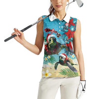 Hawaiian Mele Kalikimaka Women Sleeveless Polo Shirt Tropical Xmas Turtles Red Poinsettia Watercolor - Polynesian Pride