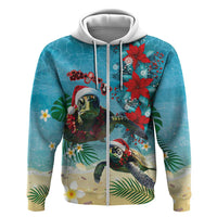 Hawaiian Mele Kalikimaka Zip Hoodie Tropical Xmas Turtles Red Poinsettia Watercolor - Polynesian Pride