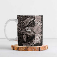 Hawaiian Plumeria and Hibiscus with Turtles Ceramic Mug Polynesian Art Grayscale - Polynesian Pride