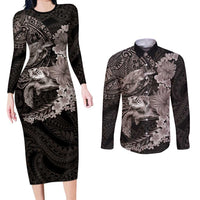 Hawaiian Plumeria and Hibiscus with Turtles Couples Matching Long Sleeve Bodycon Dress and Long Sleeve Button Shirt Polynesian Art Grayscale - Polynesian Pride