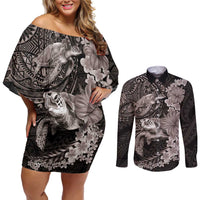 Hawaiian Plumeria and Hibiscus with Turtles Couples Matching Off Shoulder Short Dress and Long Sleeve Button Shirt Polynesian Art Grayscale - Polynesian Pride