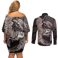 Hawaiian Plumeria and Hibiscus with Turtles Couples Matching Off Shoulder Short Dress and Long Sleeve Button Shirt Polynesian Art Grayscale - Polynesian Pride