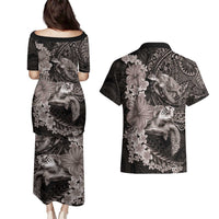 Hawaiian Plumeria and Hibiscus with Turtles Couples Matching Puletasi and Hawaiian Shirt Polynesian Art Grayscale - Polynesian Pride