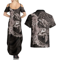 Hawaiian Plumeria and Hibiscus with Turtles Couples Matching Summer Maxi Dress and Hawaiian Shirt Polynesian Art Grayscale - Polynesian Pride