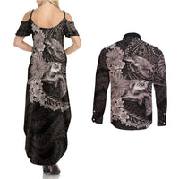 Hawaiian Plumeria and Hibiscus with Turtles Couples Matching Summer Maxi Dress and Long Sleeve Button Shirt Polynesian Art Grayscale - Polynesian Pride
