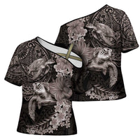 Hawaiian Plumeria and Hibiscus with Turtles Cross Shoulder Shirt Polynesian Art Grayscale - Polynesian Pride