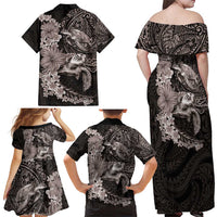 Hawaiian Plumeria and Hibiscus with Turtles Family Matching Off Shoulder Maxi Dress and Hawaiian Shirt Polynesian Art Grayscale - Polynesian Pride