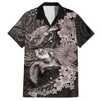 Hawaiian Plumeria and Hibiscus with Turtles Family Matching Off Shoulder Maxi Dress and Hawaiian Shirt Polynesian Art Grayscale - Polynesian Pride