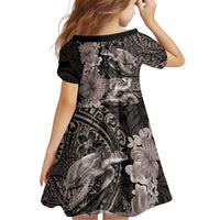 Hawaiian Plumeria and Hibiscus with Turtles Family Matching Off Shoulder Short Dress and Hawaiian Shirt Polynesian Art Grayscale - Polynesian Pride