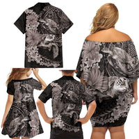 Hawaiian Plumeria and Hibiscus with Turtles Family Matching Off Shoulder Short Dress and Hawaiian Shirt Polynesian Art Grayscale - Polynesian Pride