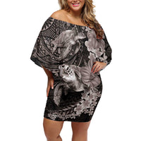 Hawaiian Plumeria and Hibiscus with Turtles Family Matching Off Shoulder Short Dress and Hawaiian Shirt Polynesian Art Grayscale - Polynesian Pride