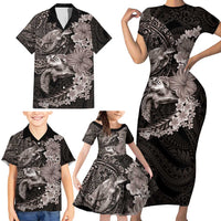 Hawaiian Plumeria and Hibiscus with Turtles Family Matching Short Sleeve Bodycon Dress and Hawaiian Shirt Polynesian Art Grayscale - Polynesian Pride