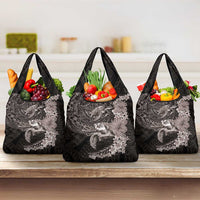Hawaiian Plumeria and Hibiscus with Turtles Grocery Bag Polynesian Art Grayscale LT03 3-pack One Size Black - Polynesian Pride