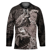 Hawaiian Plumeria and Hibiscus with Turtles Hockey Jersey Polynesian Art Grayscale LT03 Unisex Black - Polynesian Pride