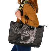 Hawaiian Plumeria and Hibiscus with Turtles Leather Tote Bag Polynesian Art Grayscale LT03 Black - Polynesian Pride
