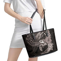 Hawaiian Plumeria and Hibiscus with Turtles Leather Tote Bag Polynesian Art Grayscale LT03 - Polynesian Pride