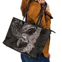 Hawaiian Plumeria and Hibiscus with Turtles Leather Tote Bag Polynesian Art Grayscale LT03 - Polynesian Pride