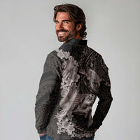 Hawaiian Plumeria and Hibiscus with Turtles Long Sleeve Polo Shirt Polynesian Art Grayscale - Polynesian Pride