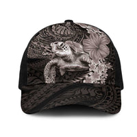 Hawaiian Plumeria and Hibiscus with Turtles Mesh Trucker Cap Polynesian Art Grayscale LT03 One Size Black Black - Polynesian Pride
