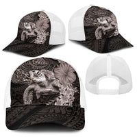 Hawaiian Plumeria and Hibiscus with Turtles Mesh Trucker Cap Polynesian Art Grayscale - Polynesian Pride