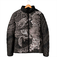 Hawaiian Plumeria and Hibiscus with Turtles Padded Jacket Polynesian Art Grayscale - Polynesian Pride