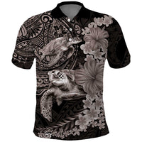 Hawaiian Plumeria and Hibiscus with Turtles Polo Shirt Polynesian Art Grayscale - Polynesian Pride