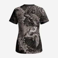 Hawaiian Plumeria and Hibiscus with Turtles Scrub Top Polynesian Art Grayscale - Polynesian Pride