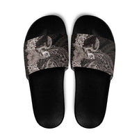 Hawaiian Plumeria and Hibiscus with Turtles Slide Sandals Polynesian Art Grayscale LT03 Black - Polynesian Pride