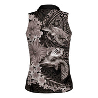 Hawaiian Plumeria and Hibiscus with Turtles Women Sleeveless Polo Shirt Polynesian Art Grayscale - Polynesian Pride