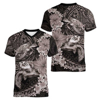Hawaiian Plumeria and Hibiscus with Turtles Women V-Neck T-Shirt Polynesian Art Grayscale - Polynesian Pride