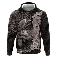Hawaiian Plumeria and Hibiscus with Turtles Zip Hoodie Polynesian Art Grayscale - Polynesian Pride