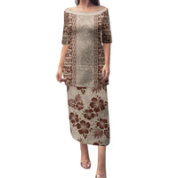 Hawaii Style Hibiscus and Tribal Element Fabric Patchwork Family Matching Puletasi Dress and Hawaiian Shirt Beige Version LT03 Mom's Dress Beige - Polynesian Pride