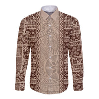 Hawaii Style Hibiscus and Tribal Element Fabric Patchwork Long Sleeve Button Shirt Beige Version LT03 Unisex Beige - Polynesian Pride