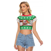 Hawaii Mele Kalikimaka Raglan Cropped T Shirt Aloha Santa and Palm Tree Mix Kakau Pattern LT03 Female Green - Polynesian Pride