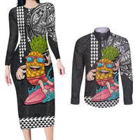 Hawaii Pineapple Surfing Kakau Tribal Personalised Couples Matching Long Sleeve Bodycon Dress and Long Sleeve Button Shirt LT03 Brown - Polynesian Pride
