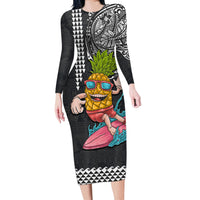 Hawaii Pineapple Surfing Kakau Tribal Personalised Long Sleeve Bodycon Dress LT03 Long Dress Brown - Polynesian Pride