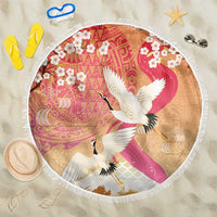 Hawaiian and Japanese Culture Together Beach Blanket Kakau Art Tattoo with Cranes and Sakura Spring Vibe - Polynesian Pride