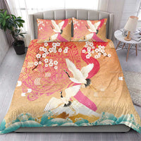 Hawaiian and Japanese Culture Together Bedding Set Kakau Art Tattoo with Cranes and Sakura Spring Vibe - Polynesian Pride