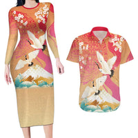 Hawaiian and Japanese Culture Together Couples Matching Long Sleeve Bodycon Dress and Hawaiian Shirt Kakau Art Tattoo with Cranes and Sakura Spring Vibe - Polynesian Pride