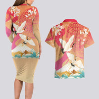 Hawaiian and Japanese Culture Together Couples Matching Long Sleeve Bodycon Dress and Hawaiian Shirt Kakau Art Tattoo with Cranes and Sakura Spring Vibe - Polynesian Pride