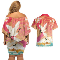 Hawaiian and Japanese Culture Together Couples Matching Off Shoulder Short Dress and Hawaiian Shirt Kakau Art Tattoo with Cranes and Sakura Spring Vibe - Polynesian Pride