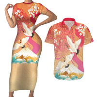 Hawaiian and Japanese Culture Together Couples Matching Short Sleeve Bodycon Dress and Hawaiian Shirt Kakau Art Tattoo with Cranes and Sakura Spring Vibe - Polynesian Pride