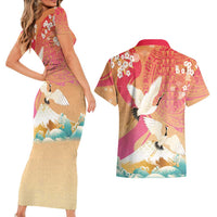 Hawaiian and Japanese Culture Together Couples Matching Short Sleeve Bodycon Dress and Hawaiian Shirt Kakau Art Tattoo with Cranes and Sakura Spring Vibe - Polynesian Pride